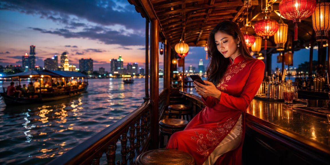Không gian VIP Sài Gòn với áo dài và giao diện phân tích casino trên thiết bị di động